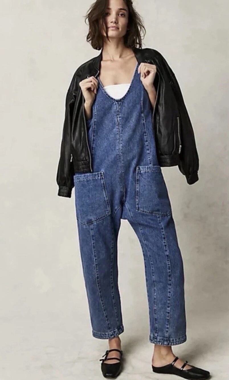 Free People We the Free High Roller Jumpsuit overall denim jeans Sz M Lagenlook - Picture 1 of 7